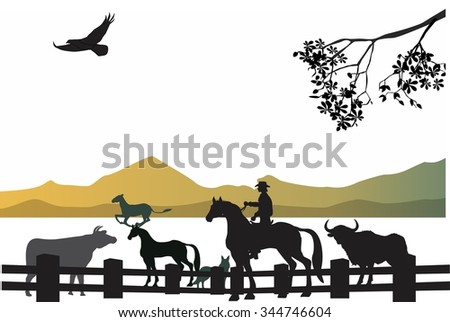 Cowboy at his rancho silhouettes of animals and cowboy on horse on mountain silhouettes background