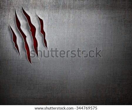 beast claw cuts on metal background Royalty-Free Stock Photo #344769575