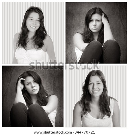 Four portraits of the same young woman, emotion concept, outdoor photos: sad and depressed, studio photos: positive and happy, black and white photos