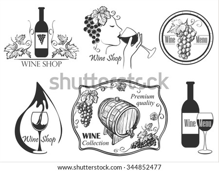 Wine labels collection with bottle, glass, barrel, grapes, corkscrew, cheese, sommelier.