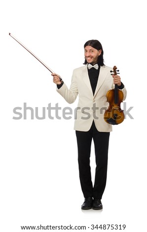 Man with violin playing on white