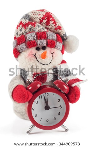 New Year and Chrismas Snowman with a clock isolated on white backround