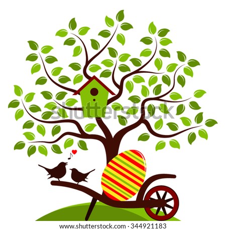 vector tree with nesting bird box and wheel barrow with one big easter egg and couple of birds isolated on white background