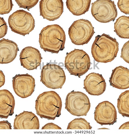 Round wooden stump seamless background on white. Wood slice seamless