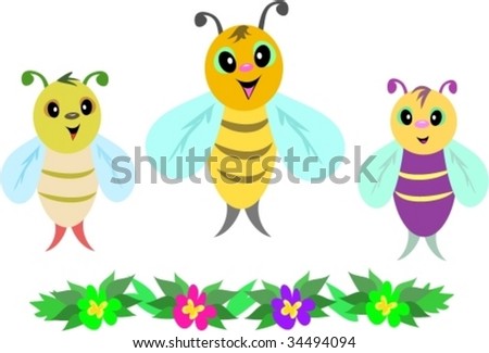 Three Baby Bees and Row of Flowers Vector