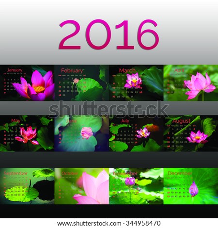 background calendar 2016 with lotus flowers, the lotus is a symbol of Buddhism