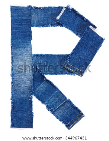 Alphabet from jeans fabric isolated on white background. Letter R