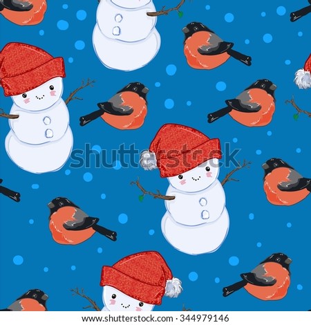 cute Christmas wrapping paper vector illustration Bullfinch snowman seamless