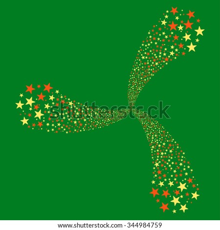 Star Fireworks Swirl With Three Petals vector illustration. Style is orange and yellow bicolor flat stars, green background.