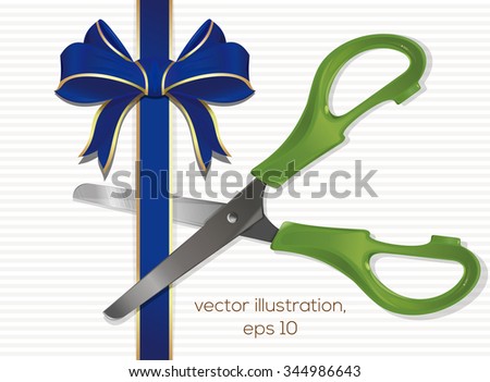 Green scissors cut the blue ribbon with a bow. Vector illustrations.