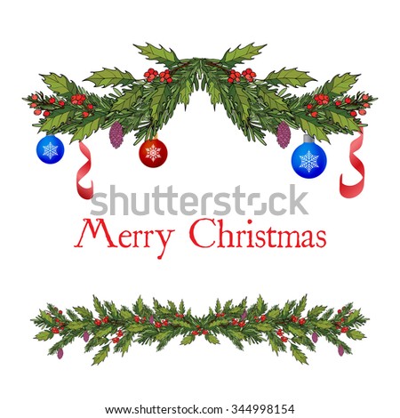 Christmas decoration with holly and spruce tree. Vector illustration