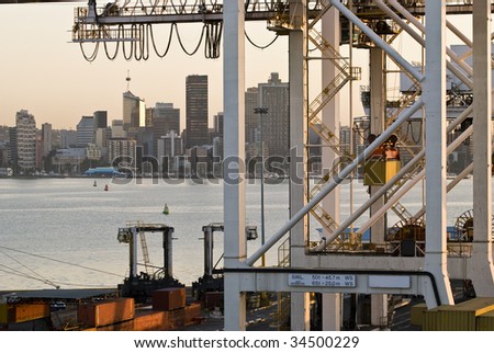Durban Container Port - cranes. African Capitol in the background