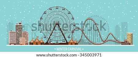 Vector illustration. Ferris wheel. Winter carnival. Christmas, new year. Park with snow.