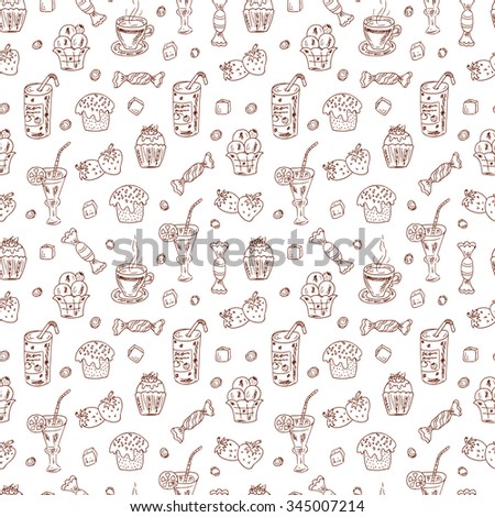 Vector Seamless Pattern of Hand Drawn doodle Desserts: Cakes, beverages and candy