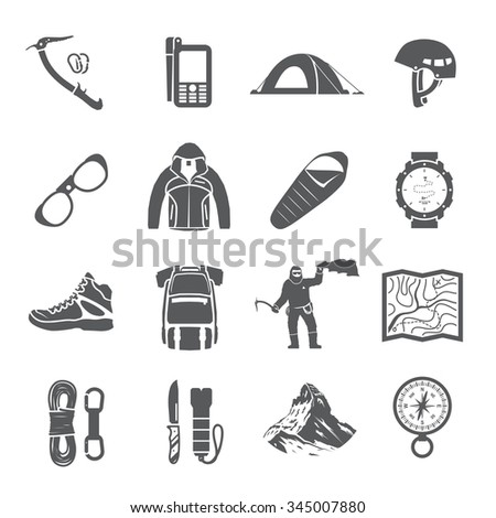 Set of black vector icons on the theme of Climbing, Trekking, Hiking, Mountaineering. Extreme sports, outdoor recreation, adventure in the mountains, vacation. Achievement. 
