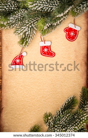 Christmas tree ornament on vintage paper card blank. Xmas holiday concept