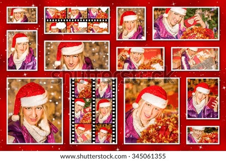 Christmas pictures collage of different portraits of beautiful blond young woman wearing Santa Claus hat showing a gifts on red background. 