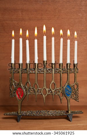 Lit Menorah with Hanukkah Candles