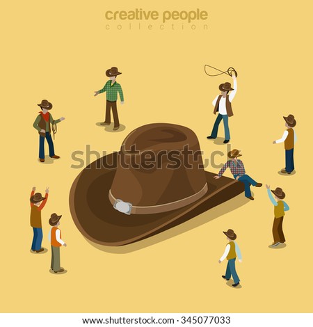 Country cowboy style flat 3d isometry isometric concept web vector illustration. Stylish male wearing high-crowned wide-brimmed felt straw stetson attire. Creative people collection.