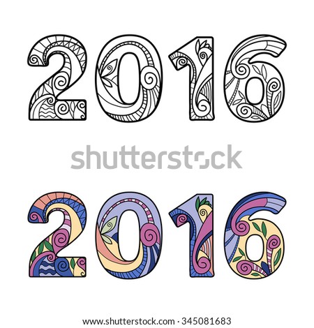 2016 New Year numbers. Floral swirl line digits. Isolated illustration