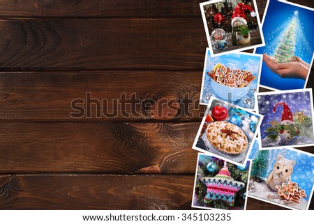 wooden background with christmas colorful images collection and space for own text 