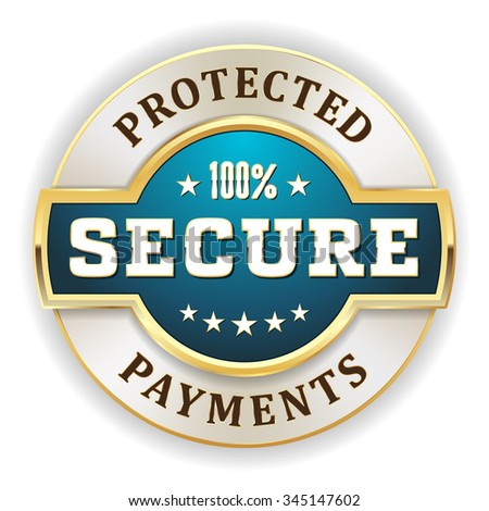 Light blue protected payments badge with gold border