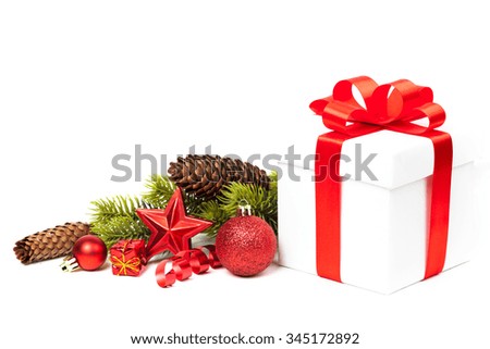 christmas gift with red balls bow isolated on white background