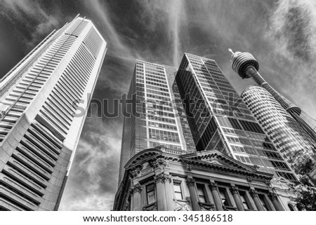 Skyline of Sydney in black and white, Australia.
