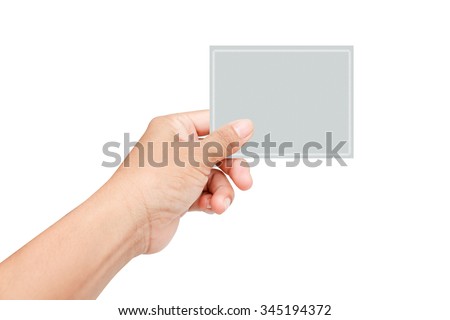 Hand give blank paper on white background.