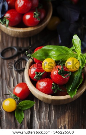 Concept of healthy eating with tomato and basil, selective focus