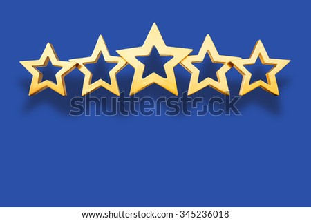 Five golden shining stars on blue background, symbol for a first class service or performance, copy or text space