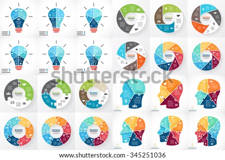 Vector circle infographics. Template for cycle diagram, graph, presentation and round puzzle chart. Business concept with 3, 4, 5, 6, 7, 8 options, parts, steps. Human head, light bulb. Brainstorming.
