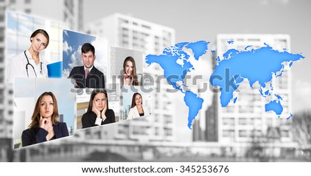 Portraits of people near map with icons on the city background. Elements of this image furnished by NASA