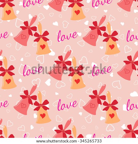 Vector pink wedding seamless pattern with elegant wedding bells with hearts and bow. Element for your wedding designs, valentines day projects, and other your romantic projects.