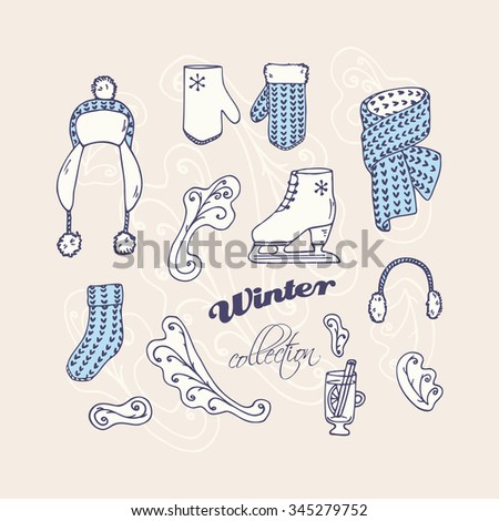 Set of hand drawn knitted winter accessories. Frosty ornament background. . Vector illustration