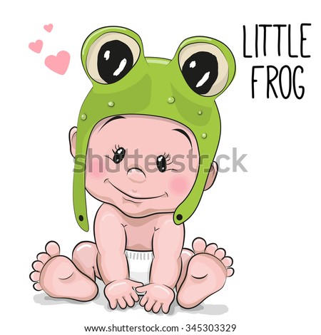 Cute Cartoon Baby boy in a frog hat on a white background
