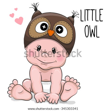 Cute Cartoon Baby boy in an Owl hat on a white background
