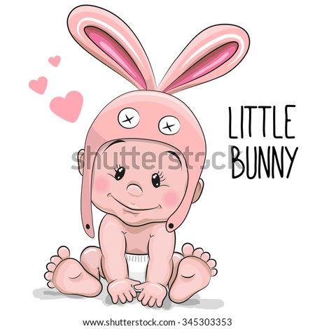 Cute Cartoon Baby boy in a Bunny hat on a white background
