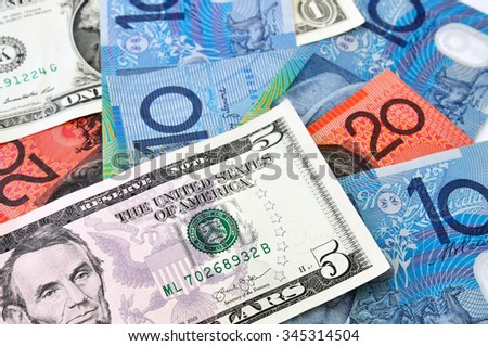 Close up photograph of US and Australian currency 