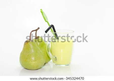resh green pear with tube on a white background