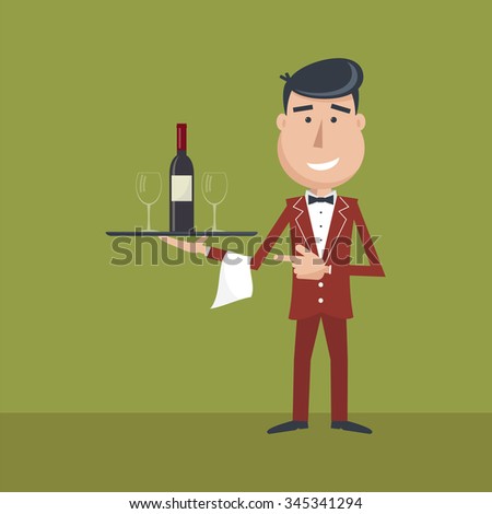 Waiter with wine bottle and wine glass and tray on outstretched arm. Invitation to drink wine. Alcohol Service. Simple flat vector.EPS 10.
