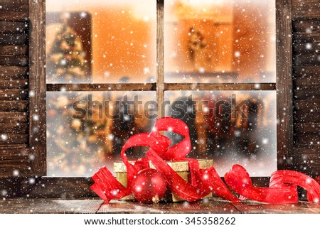 red ribbon and window sill and glass and home interior 