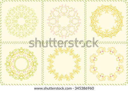 set of floral circle frames for flyers, brochures, templates design. Vintage cards with flower patterns and ornaments. Decorations, leaves, berry. Spring summer banners, Christmas wreath illustration 