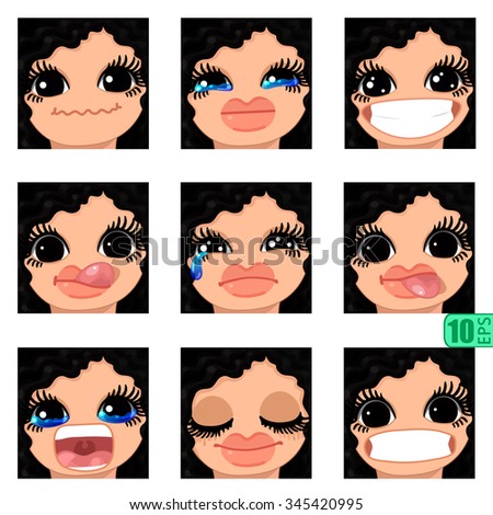 vector Set avatars icons smiley ClipArt Girl faces wavy curly BLACK HAIR, BLACK EYES Emotions Expressions Web Blog Graphics Profile Picture Red Pack