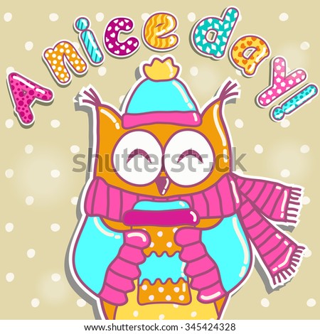 Sample cards with an owl, with cups 