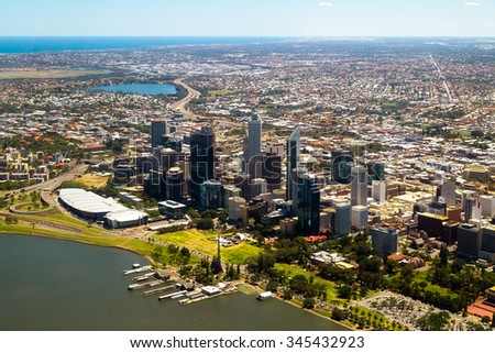 Aerial view of Perth city skyline, Western Australia Royalty-Free Stock Photo #345432923