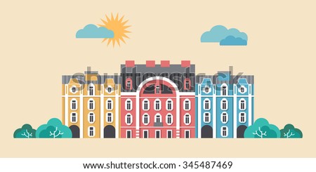 Urban landscape vector illustration. Summer town, city street concept. Flat buildings design.