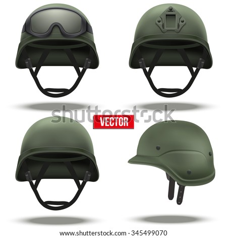 Set of Military tactical helmets of rapid reaction. Green color. Army and police symbol of defense. Vector illustration Isolated on white background. Editable.