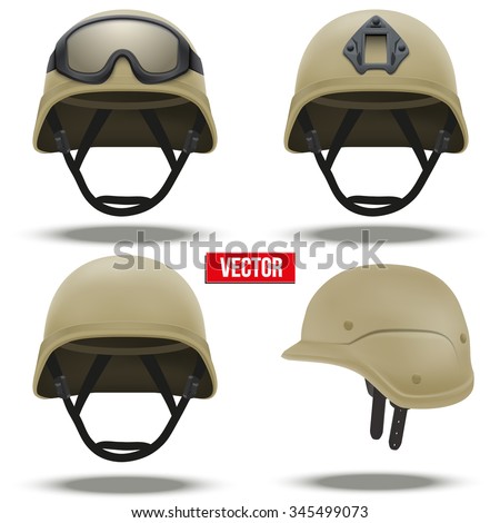 Set of Military tactical helmets of rapid reaction. Desert color. Army and police symbol of defense. Vector illustration Isolated on white background. Editable.