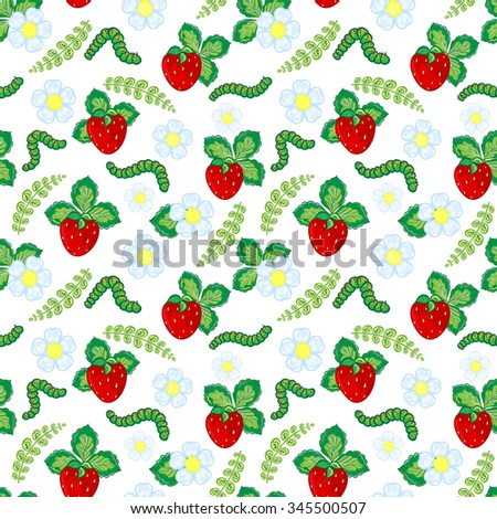 Funny seamless vector  pattern with strawberry, caterpillar and flowers and leaves. Berry isolated on white background
